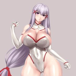 Rule 34 | &gt;:&lt;, 1girl, :&lt;, bare legs, bare shoulders, blush, breasts, cameltoe, cleavage, cleft of venus, clenched hands, closed mouth, contrapposto, covered navel, cowboy shot, curvy, detached collar, elbow gloves, enjou sakuya, female focus, frown, gloves, grey background, groin, hair ornament, hair ribbon, hairclip, hand up, head tilt, highleg, highleg leotard, hip focus, huge breasts, legs, leotard, light purple hair, long hair, looking at viewer, low-tied long hair, neck, original, purple eyes, revealing clothes, ribbon, rindou (radical dream), serious, shiny clothes, shiny skin, sideboob, sidelocks, silver hair, simple background, solo, standing, strapless, strapless leotard, thick thighs, thighhighs, thighs, thong leotard, turtleneck, v-shaped eyebrows, very long hair, white gloves, white thighhighs, wide hips, x hair ornament