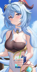 Rule 34 | 1girl, absurdres, adapted costume, ahoge, bare arms, bare shoulders, blue hair, blue sky, breasts, cleavage, cloud, commentary, cup, day, drinking glass, ganyu (genshin impact), genshin impact, grin, highres, holding, holding cup, horns, ituka kanau, long hair, looking at viewer, medium breasts, ocean, one-piece swimsuit, parted lips, purple eyes, single-shoulder one-piece swimsuit, single strap, sky, smile, solo, standing, swimsuit, upper body, very long hair, vision (genshin impact), water