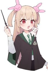 Rule 34 | 1girl, animal, animal on shoulder, black robe, black skirt, blonde hair, blush, cropped torso, fang, green necktie, hair ornament, harry potter (series), highres, holding, holding wand, kamo (kamonabe 44), long sleeves, looking at viewer, natori sana, necktie, open mouth, red eyes, robe, sana channel, shirt, simple background, skirt, slytherin, solo, two side up, upper body, virtual youtuber, wand, white background, white shirt, wide sleeves, wizarding world