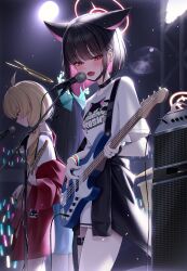 Rule 34 | 3girls, absurdres, animal ears, band, bass guitar, belt, black choker, black hair, black jacket, black wristband, blue archive, blunt bangs, bob cut, bow, bracelet, cat ears, cat girl, choker, clothes around waist, colored inner hair, commentary request, concert, earrings, electric guitar, english text, extra ears, glowstick, guitar, hair between eyes, hair bow, hair ornament, hair ribbon, hairclip, halo, highres, holding, holding instrument, instrument, jacket, jacket around waist, jewelry, kazusa (band) (blue archive), kazusa (blue archive), light brown hair, logo, long hair, long sleeves, looking at viewer, low twintails, mask, mask around neck, microphone, microphone stand, mouth mask, multicolored hair, multiple girls, music, natsu (band) (blue archive), natsu (blue archive), official alternate costume, official alternate hairstyle, open clothes, open jacket, orecalc3092, pink hair, playing instrument, pleated skirt, print shirt, red eyes, red jacket, ribbon, ring, shirt, short hair, short sleeves, sidelocks, singing, skirt, speaker, spotlight, surgical mask, t-shirt, thigh belt, thigh strap, twintails, two-tone hair, white shirt, white skirt, yoshimi (band) (blue archive), yoshimi (blue archive)
