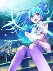 Rule 34 | 1girl, aqua eyes, aqua hair, bad id, bad pixiv id, blush, cityscape, floating hair, hatsune miku, open mouth, revision, sitting, sitting on stairs, solo, stairs, sweater vest, thighhighs, umeboshitora, vocaloid