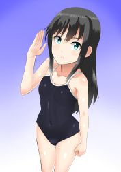 Rule 34 | 1girl, 30-06, :&lt;, asashio (kancolle), black hair, blue background, blue eyes, breasts, competition school swimsuit, highres, kantai collection, long hair, one-piece swimsuit, salute, school swimsuit, small breasts, solo, standing, swimsuit