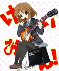 Rule 34 | 00s, 1girl, amplifier, black pantyhose, blazer, brown hair, cable, doughnut, eating, electric guitar, food, gibson les paul, guitar, hair ornament, hairclip, hirasawa yui, instrument, jacket, k-on!, long sleeves, open mouth, paco, pantyhose, pleated skirt, school uniform, shoes, sitting, skirt, solo