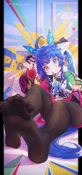 Rule 34 | 1girl, @ @, ahoge, animal ears, black pantyhose, blue eyes, blue hair, boots, unworn boots, breasts, chinese commentary, commentary request, english text, feet, full body, grin, hair ribbon, heterochromia, highres, holding, holding boots, holding clothes, holding footwear, hood, hood down, hoodie, horse ears, horse girl, horse tail, icecake, legs, long hair, long sleeves, looking at viewer, multicolored clothes, multicolored hoodie, no shoes, open mouth, pantyhose, purple eyes, ribbon, sharp teeth, short eyebrows, sitting, smile, soles, solo, stuffed animal, stuffed rabbit, stuffed toy, tail, teeth, toes, twin turbo (umamusume), umamusume