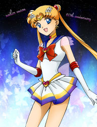 Rule 34 | 1990s (style), 1girl, :d, anniversary, bishoujo senshi sailor moon, bishoujo senshi sailor moon supers, blonde hair, blue background, blue eyes, blue sailor collar, bow, brooch, bug, butterfly, character name, choker, copyright name, double bun, elbow gloves, gloves, hair bun, hamutarou, heart, heart brooch, insect, jewelry, long hair, magical girl, multicolored clothes, multicolored skirt, open mouth, red bow, retro artstyle, sailor collar, sailor moon, skirt, smile, solo, super sailor moon, tiara, tsukino usagi, twintails, white gloves