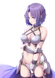 Rule 34 | 1girl, arm grab, arm strap, arm under breasts, armor, bare shoulders, bikini armor, black gloves, black thighhighs, blush, braid, breastplate, breasts, cleavage, collarbone, commentary request, cowboy shot, eyebrows hidden by hair, french braid, gauntlets, gloves, groin, hair between eyes, highres, jun (princess connect!), jun (summer) (princess connect!), large breasts, midriff, navel, o-ring, official alternate costume, parted bangs, parted lips, pauldrons, princess connect!, purple eyes, purple hair, ribucci, short hair, shoulder armor, sidelocks, simple background, skindentation, solo, standing, thighhighs, waist cape, white background