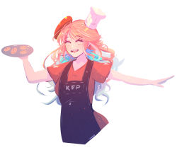 Rule 34 | 1girl, alternate costume, apron, blush, breasts, chef hat, chocolate chip cookie, closed eyes, cookie, earrings, feather earrings, feathers, food, gradient hair, hat, highres, hololive, hololive english, jewelry, multicolored hair, open mouth, orange hair, smile, takanashi kiara, teeth, tianshiko, tray, upper teeth only, virtual youtuber