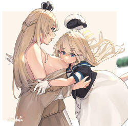 Rule 34 | 2girls, accidental touch, black neckerchief, blonde hair, blue eyes, blue sailor collar, blush, braid, breast sucking, breasts, corset, crown, dress, embarrassed, flower, french braid, fuwafuwatoufu, gloves, hair between eyes, hairband, hat, highres, jervis (kancolle), kantai collection, large breasts, long hair, long sleeves, mini crown, multiple girls, neckerchief, off-shoulder dress, off shoulder, open mouth, peaked cap, red flower, red rose, ribbon, rose, sailor collar, sailor dress, sailor hat, short sleeves, simple background, upper body, warspite (kancolle), white background, white corset, white dress, white gloves, white headwear