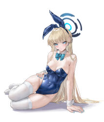 1girl absurdres animal_ears blonde_hair blue_archive blue_eyes blue_hair blue_halo blue_leotard breasts chinese_commentary commentary_request covered_navel detached_collar earpiece earrings fake_animal_ears full_body half_up_braid halo hand_on_own_hip highres jewelry leotard long_hair looking_at_viewer medium_breasts multicolored_hair no_shoes official_alternate_costume parted_lips rabbit_ears simple_background solo strapless strapless_leotard streaked_hair stud_earrings thighhighs toki_(blue_archive) toki_(bunny)_(blue_archive) vinegar_kira white_background white_thighhighs wrist_cuffs