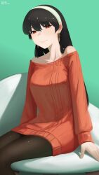 Rule 34 | 1girl, absurdres, aqua background, black hair, black pantyhose, chair, closed mouth, hairband, highres, long hair, looking at viewer, noraesei, pantyhose, red eyes, red sweater, sitting, solo, spy x family, sweater, white hairband, yor briar