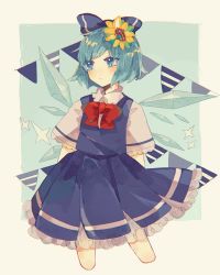 Rule 34 | 1girl, absurdres, blue dress, blue eyes, blue hair, bow, bowtie, cirno, dress, fairy, flower, hair flower, hair ornament, highres, ice, ice wings, multicolored bow, red bow, ru cve 9, sparkle, standing, sunflower, touhou, wings, yellow flower