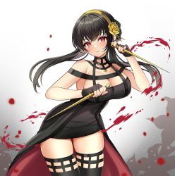 Rule 34 | 1girl, bare arms, bare shoulders, black dress, black gloves, black hair, black thighhighs, blood, breasts, cleavage, cowboy shot, dagger, dress, dual wielding, fingerless gloves, floating hair, gloves, hairband, highres, holding, holding dagger, holding knife, holding weapon, jirafuru, knife, large breasts, long hair, looking at viewer, red eyes, reverse grip, skindentation, sleeveless, sleeveless dress, smile, solo, spy x family, standing, thighhighs, thighs, waist cape, weapon, yor briar, zettai ryouiki