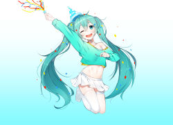 Rule 34 | 1girl, absurdres, aqua background, aqua eyes, aqua hair, aqua sweater, asymmetrical legwear, confetti, gradient background, hair between eyes, hat, hatsune miku, highres, hip focus, long hair, looking at viewer, midriff, mismatched legwear, navel, off-shoulder, off-shoulder sweater, off shoulder, one eye closed, open mouth, party hat, party popper, pleated skirt, see-through, skirt, smile, solo, sweater, tareme, the cold, thighhighs, thighs, twintails, very long hair, vocaloid, white skirt, white thighhighs