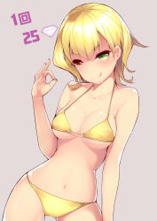 Rule 34 | 1girl, :q, absurdres, bikini, blonde hair, breasts, charlotte (shironeko project), cleavage, dean (momodean), fellatio gesture, green eyes, heterochromia, highres, navel, pussy juice, red eyes, shironeko project, short hair, smile, solo, swimsuit, tongue, tongue out, underboob