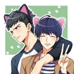 Rule 34 | 2boys, :d, ^ ^, a3!, animal ears, arm around shoulder, black hairband, black shirt, blue hair, blush, brown jacket, cat ears, closed eyes, commentary request, dark blue hair, fake animal ears, frown, green background, green hair, hairband, hand up, jacket, lapels, male focus, multiple boys, open clothes, open jacket, open mouth, outline, paw print, purple eyes, raglan sleeves, shirt, short hair, simple background, smile, striped clothes, striped shirt, sweatdrop, takato tasuku, tayu (canary-san), teeth, tsukioka tsumugi, two-tone background, two-tone shirt, undercut, upper body, upper teeth only, v, v-shaped eyebrows, white background, white outline, white shirt