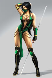 Rule 34 | 1girl, black hair, breasts, full body, gradient background, grey background, half mask, jade (mortal kombat), large breasts, long hair, mask, midway, mortal kombat (series), mortal kombat 9, navel, ninja, official art, simple background, solo, staff, standing