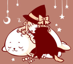 Rule 34 | 1girl, animal, animal ears, black bow, black cape, black hat, black skirt, blush, bobby socks, bow, brown background, brown bow, brown hair, candy wrapper, cape, cat ears, cat girl, cat tail, covered mouth, crescent, full body, hat, hat bow, head rest, higanbana no saku yoru ni, kusunoki midori, leaning forward, long hair, long sleeves, no shoes, sakurazawa izumi, seal (animal), shirt, simple background, skirt, sleeping, sleeveless, sleeves past wrists, socks, solo, star (symbol), tail, tail bow, tail ornament, wavy hair, white shirt, white socks, witch hat, zzz