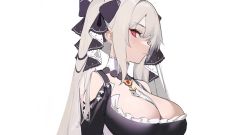 Rule 34 | 1girl, azur lane, bare shoulders, between breasts, black dress, blush, breasts, cleavage, dress, formidable (azur lane), grey hair, hair ribbon, highres, large breasts, long hair, looking at viewer, neck ribbon, red eyes, ribbon, solo, spider apple, twintails, two-tone dress, two-tone ribbon, very long hair, white background
