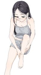 Rule 34 | 1girl, bare arms, bare legs, bare shoulders, barefoot, black hair, blue eyes, breasts, camisole, cleavage, closed mouth, collarbone, feet, foot out of frame, glasses, grey camisole, grey pajamas, half-closed eyes, hands on feet, highres, holding own leg, knee up, kona ming, large breasts, light blush, long hair, looking down, pajamas, parted hair, saitou kaede (yama no susume), semi-rimless eyewear, short shorts, shorts, simple background, sitting, solo, toes, white-framed eyewear, white background, yama no susume