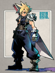 Rule 34 | 1boy, armor, blonde hair, boots, brown gloves, buster sword, cloud strife, final fantasy, final fantasy vii, full body, gloves, green eyes, male focus, muscular, sasaki tomomi, serious, shoulder armor, sleeveless, sleeveless turtleneck, solo, spiked hair, standing, suspenders, sword, turtleneck, weapon, weapon on back