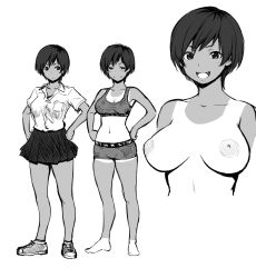 Rule 34 | 1girl, bra, breasts, breasts apart, character sheet, female focus, full body, greyscale, happy, kuzukago (bitchmaker), looking at viewer, midriff, monochrome, multiple views, nipples, open mouth, school uniform, shoes, short hair, simple background, skirt, smile, sports bra, standing, tan, tanline, tomboy, underwear, variations, white background