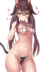 Rule 34 | 1girl, animal ears, bare arms, bare shoulders, blush, breasts, breasts apart, brown hair, closed mouth, collarbone, commentary, covered erect nipples, cowboy shot, curled fingers, dot nose, fake animal ears, fake tail, flower, forehead, frown, genshin impact, gluteal fold, hair between eyes, hair flower, hair ornament, hand up, highres, hu tao (genshin impact), long hair, low twintails, navel, panties, simple background, small breasts, symbol-shaped pupils, tail, takenoko pengin, thighs, twintails, underwear, white background, wide hips