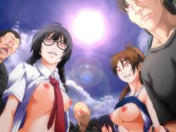 2girls ahoge black_hair braid breasts breasts_out brown_hair clothes_lift cloud game_cg gentle_sasaki glasses grin hair_ornament hair_ribbon hairclip kansen large_breasts light long_hair looking_at_viewer mind_control multiple_boys multiple_girls necktie nipples no_bra open_mouth outdoors ponytail public_indecency red_eyes ribbon shirt_lift short_hair sky smile speed standing sun sunlight teeth twin_braids twintails