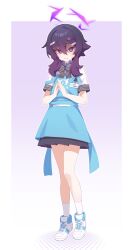 Rule 34 | 1girl, absurdres, alternate costume, angel&#039;s 24 uniform (blue archive), apron, behalter, blue apron, blue archive, blush, closed mouth, collared shirt, full body, hair between eyes, hair ornament, hairclip, halo, haruka (blue archive), highres, long hair, looking at viewer, polo shirt, purple eyes, purple hair, purple halo, shirt, shoes, short sleeves, socks, solo, white footwear, white shirt, white socks