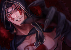 Rule 34 | 1boy, absurdres, bare pectorals, black gloves, black hair, chest tattoo, cu chulainn (fate), cu chulainn (fate) (all), cu chulainn (fate/stay night), cu chulainn alter (fate), cu chulainn alter (fate/grand order), earrings, elbow gloves, facial mark, facial tattoo, fate/grand order, fate (series), foreshortening, gloves, grin, hair over shoulder, hair strand, highres, hood, hood up, jewelry, lancer, long hair, looking at viewer, male focus, nova (novalis4929), pectorals, red eyes, smile, solo, tattoo, upper body
