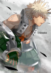 Rule 34 | 1boy, bakugou katsuki, bare shoulders, blonde hair, blurry, blurry background, blurry foreground, boku no hero academia, collar, costume, day, debris, depth of field, detached sleeves, dirty, dirty face, dust cloud, explosive, eye mask, from side, gauntlets, gloves, grenade, headgear, highres, looking ahead, male focus, muscular, muscular male, narrowed eyes, neck brace, outdoors, parted lips, pectorals, red eyes, serious, short hair, skin tight, sleeveless, solo, spiked hair, sweat, symmetry, tonbanlove, twitter username, upper body, v-neck, v-shaped eyebrows, x