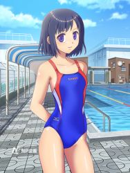 Rule 34 | 1girl, black hair, blue sky, competition swimsuit, mizuno (brand), one-piece swimsuit, pool, sky, swimsuit