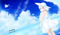 Rule 34 | 1girl, blush, closed mouth, cloud, cloudy sky, day, dress, haruki (colorful macaron), looking at viewer, ocean, original, short hair, sky, smile, solo, twitter username, water, white dress, white hair, yellow eyes