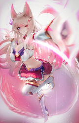 Rule 34 | absurdres, adapted costume, ahri (league of legends), alternate costume, animal ears, armpits, bandeau, boots, breasts, cleavage, detached collar, facial mark, foreshortening, fox ears, fox tail, gold trim, grey background, high heel boots, high heels, highres, large tail, league of legends, long hair, miniskirt, one eye closed, purple eyes, skirt, solo, star guardian (league of legends), star guardian ahri, stomach, strapless, tail, thighhighs, thighs, tube top, v, whisker markings, white thighhighs, wink