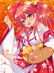 Rule 34 | 1girl, 35p (sakura miko), ahoge, bell, beret, blush, breasts, cat, cherry blossom print, detached sleeves, floral print, green eyes, hair bell, hair between eyes, hair ornament, hairclip, hat, highres, hololive, looking at viewer, mi taro333, open mouth, paintbrush, palette (object), pink hair, sakura miko, sakura miko (1st costume), sideboob, solo, virtual youtuber, white cat, x hair ornament