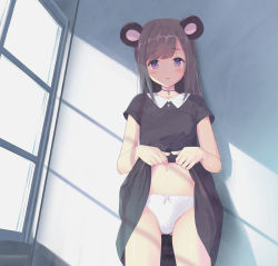 Rule 34 | 1girl, animal ears, bad id, bad pixiv id, bear ears, black dress, blush, bow, bow panties, brown hair, choker, clothes lift, collarbone, cross, day, dress, dress lift, grey hair, highres, houmitsu, lifting own clothes, looking at viewer, navel, original, panties, parted lips, purple eyes, solo, standing, swept bangs, thighs, underwear, white panties, window, window shadow