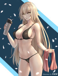Rule 34 | 1girl, artist name, bikini, black bikini, blonde hair, breasts, cherry blossoms, cleavage, cowboy shot, fate/apocrypha, fate/grand order, fate (series), hair between eyes, jeanne d&#039;arc (fate), jeanne d&#039;arc alter (avenger) (fate), jeanne d&#039;arc alter (fate), large breasts, looking at viewer, multicolored background, petals, pink towel, simple background, solo, swimsuit, towel, tumbler, yellow eyes, yunkaiming