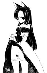 Rule 34 | 1girl, animal ears, bare shoulders, blush, breasts, brooch, cleavage, clothes lift, dress, dress lift, female pubic hair, greyscale, hyouju issei, imaizumi kagerou, jewelry, lifted by self, long hair, looking at viewer, monochrome, panties, panty pull, pubic hair, pussy, simple background, skirt, skirt lift, solo, touhou, uncensored, underwear, white background, wolf ears