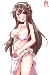 Rule 34 | 1girl, artist logo, bikini, black hair, breasts, brown eyes, cleavage, commentary request, dated, front-tie top, hairband, haruna (kancolle), highres, kanon (kurogane knights), kantai collection, large breasts, long hair, looking at viewer, open mouth, sarong, side-tie bikini bottom, simple background, smile, solo, standing, swimsuit, white background, white bikini, white sarong