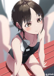 Rule 34 | 3girls, black hair, black one-piece swimsuit, blurry, blurry background, blush, breasts, brown eyes, closed mouth, commentary request, competition swimsuit, jonsun, misaki (jonsun), multiple girls, one-piece swimsuit, original, sitting, small breasts, solo focus, swimsuit, twitter username, wet, wet hair