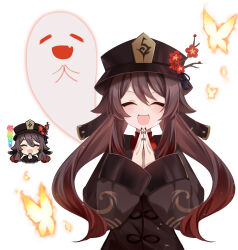 Rule 34 | 1girl, black nails, blush, brown hair, bug, butterfly, chibi, closed eyes, genshin impact, genshin impact sticker redraw (meme), ghost, happy, hat, highres, hu tao (genshin impact), insect, looking at viewer, meme, ougi (u to4410), own hands together, simple background, smile, solo, twintails, white background
