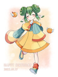 Rule 34 | 1girl, bird, blue footwear, blush, capelet, closed eyes, closed mouth, dated, double bun, facing viewer, full body, green hair, green sweater, hair between eyes, hair bun, happy, happy birthday, kashima miyako, lidelle (puyopuyo), orange capelet, orange skirt, pointy ears, puyopuyo, puyopuyo fever, skirt, sleeves past fingers, sleeves past wrists, smile, solo, sweater, wing ornament