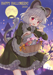 Rule 34 | 1girl, 2020, animal ears, animal print, bandaged tail, basket, bat print, black dress, bloomers, bow, building, candy, candy cane, claw pose, cowboy shot, cross, dress, english text, food, full moon, grey hair, halloween, hand up, happy halloween, holding, iris anemone, juliet sleeves, lollipop, long sleeves, looking at viewer, maid headdress, moon, mouse (animal), mouse ears, nazrin, open mouth, orange bow, puffy sleeves, red eyes, short hair, smile, solo, star (sky), star (symbol), swirl lollipop, tail, tail bow, tail ornament, touhou, tree, underwear, wrapped candy