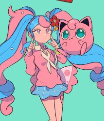 Rule 34 | 1girl, blue hair, blue skirt, closed mouth, collared shirt, commentary request, creatures (company), crossover, eyelashes, fairy miku (project voltage), flower, game freak, gen 1 pokemon, green background, hair flower, hair ornament, hands up, hatsune miku, highres, index fingers raised, jigglypuff, long hair, nail polish, nintendo, pink eyes, pink hair, pink nails, pink sweater, pokemon, pokemon (creature), project voltage, red flower, shirt, simple background, skirt, sweater, twintails, tyako 089, vocaloid, white shirt