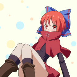 Rule 34 | 1girl, black socks, blue bow, boots, bow, brown footwear, cato (monocatienus), commentary request, hair bow, large bow, long sleeves, looking at viewer, poncho, red eyes, red hair, red skirt, sekibanki, short hair, simple background, sitting, skirt, socks, solo, touhou