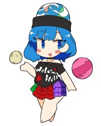 Rule 34 | 1girl, black headwear, black shirt, blue eyes, blue hair, clothes writing, collarbone, earth (ornament), full body, hecatia lapislazuli, hecatia lapislazuli (earth), highres, ini (inunabe00), moon (ornament), multicolored clothes, multicolored skirt, off-shoulder shirt, off shoulder, pleated skirt, shirt, short hair, short sleeves, simple background, skirt, solo, t-shirt, touhou, white background
