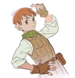 Rule 34 | 1boy, :&lt;, arm up, brown eyes, brown gloves, brown vest, chilchuck tims, closed mouth, commentary, dungeon meshi, english commentary, fingerless gloves, gloves, hand on own hip, highres, large ears, long sleeves, looking at viewer, male focus, orange hair, robodumpling, short hair, simple background, solo, tool belt, upper body, vest, white background