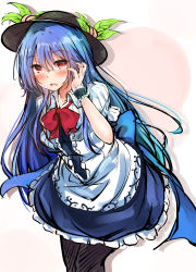 Rule 34 | 1girl, black hat, black pantyhose, blouse, blue dress, blue hair, blue skirt, blush, bow, bowtie, center frills, dress, dress shirt, food, frills, fruit, hat, highres, hinanawi tenshi, leaf, leaning forward, long hair, looking at viewer, miniskirt, pantyhose, parted lips, peach, puffy short sleeves, puffy sleeves, red bow, red bowtie, red eyes, shirt, short sleeves, skirt, solo, touhou, tucking hair, very long hair, white shirt, wing collar, wrist cuffs, yuhito (ablbex)