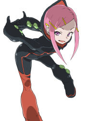 Rule 34 | 1girl, :d, absurdres, anemone (eureka seven), arms behind back, bodysuit, eureka seven, eureka seven (series), hair ornament, hairclip, highres, leaning forward, looking at viewer, open mouth, pilot suit, pink hair, purple eyes, sidelocks, simple background, smile, solo, stretching, white background, yamamoto souichirou