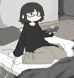 Rule 34 | absurdres, black sweater, bob cut, controller, flat color, frown, green eyes, highres, holding, holding remote control, indoors, on bed, original, pants, remote control, semi-rimless eyewear, sitting, sketch, socks, solo, sweater, torosakana, wariza, white socks