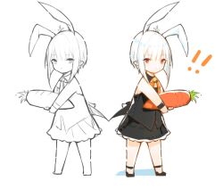 Rule 34 | !, !!, 1girl, animal ears, bai qi-qsr, bare arms, bare shoulders, black footwear, black shirt, black skirt, black wrist cuffs, carrot pin, cleavage cutout, closed mouth, clothing cutout, collared shirt, cross hair ornament, deformed, extra ears, eyelashes, final fantasy, final fantasy xiv, floppy ears, frilled skirt, frills, full body, hair ornament, holding, holding stuffed toy, light frown, lineart, miniskirt, multiple views, necktie, orange necktie, partially colored, pointy ears, rabbit ears, red eyes, ribbon-trimmed shirt, shadow, shirt, shoes, simple background, skirt, sleeveless, sleeveless shirt, stuffed carrot, stuffed toy, warrior of light (ff14), white background, wrist cuffs